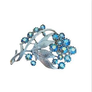 Vintage Brooch Coro Flower Blue Aurora Borealis Rhinestone Signed Silver Tone